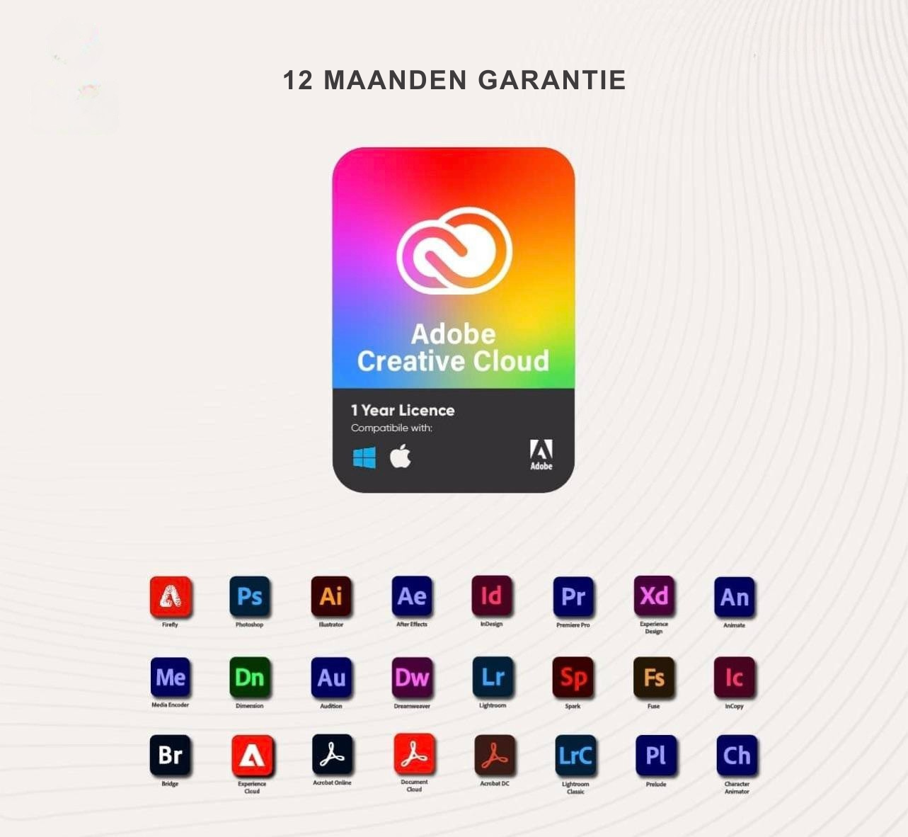 Adobe Creative Cloud kopen – 1 jaar licentie met 12 maanden garantie inclusief iconen van Adobe-apps zoals Photoshop, Illustrator, Premiere Pro, en meer. Compatibel met Windows en Mac.